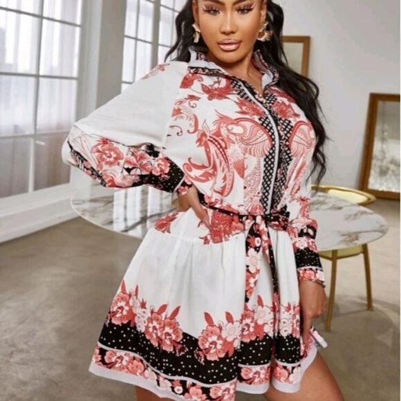 ELEGANT FLORAL GEO PRINT STAND COLLAR A LINE MINI DRESS - Picture 4 of 12